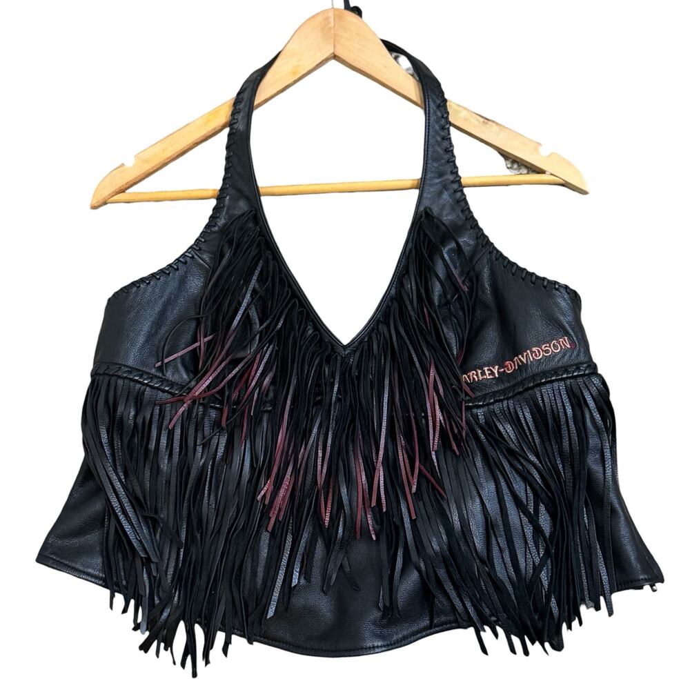 Harley Davidson Leather Fringe Black Red Embroidered Lined XL Halter Top